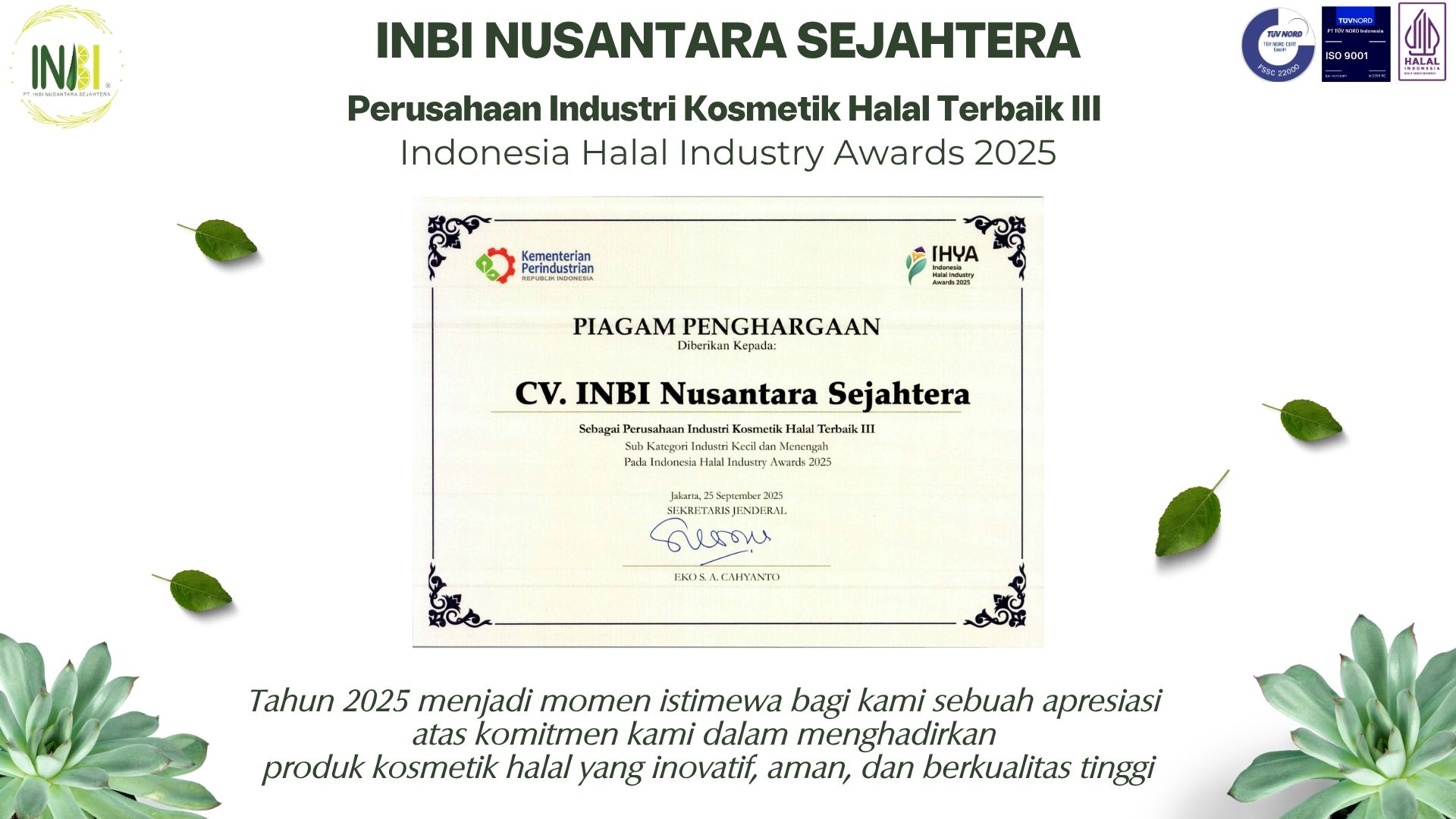 Third Best Halal Cosmetics Industry Company at the 2025 Indonesia Halal Industry Awards